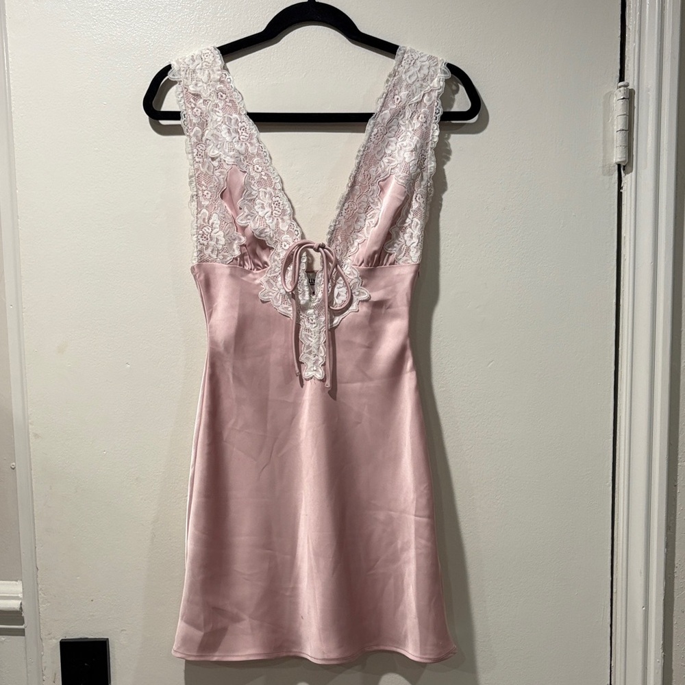 Princess Polly Blush Satin Dress with Lace Trim